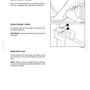 Pu&ograve; includere: Una pagina di manuale tecnico intitolata 3 - OPERATING CONTROLS che descrive il funzionamento della porta della cabina di un trattore. Include diagrammi della maniglia esterna, della maniglia interna contrassegnata con 1 e del blocco con 2.