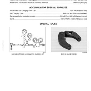 May include: Technical diagram with specifications for ride control accumulators. Includes measurements in psi, liters, and pound-feet. Features a nitrogen accumulator charging kit and a gland wrench.