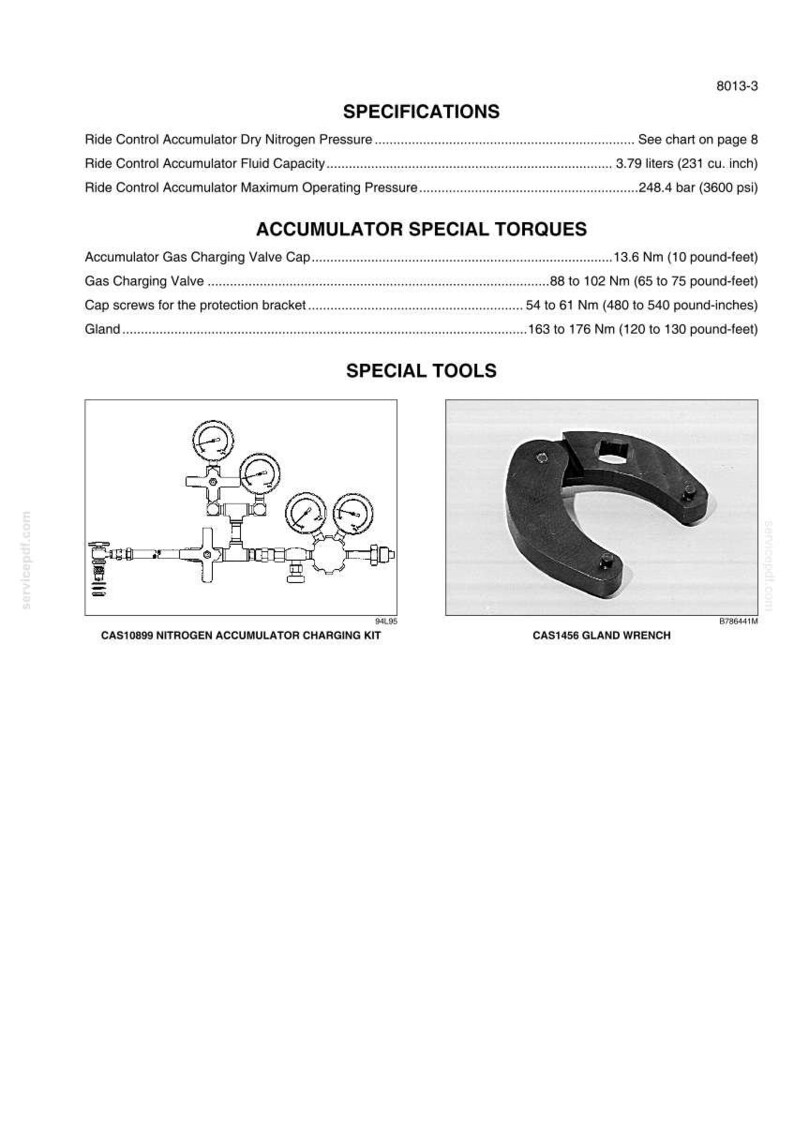 May include: Technical diagram with specifications for ride control accumulators. Includes measurements in psi, liters, and pound-feet. Features a nitrogen accumulator charging kit and a gland wrench.