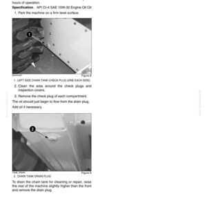 May include: A technical manual page titled Chapter 5 - Lubrication, Filters, and Fluids. It includes instructions for checking chain tank oil, featuring two black and white photographs labeled Figure 8 and Figure 9 showing check and drain plugs.