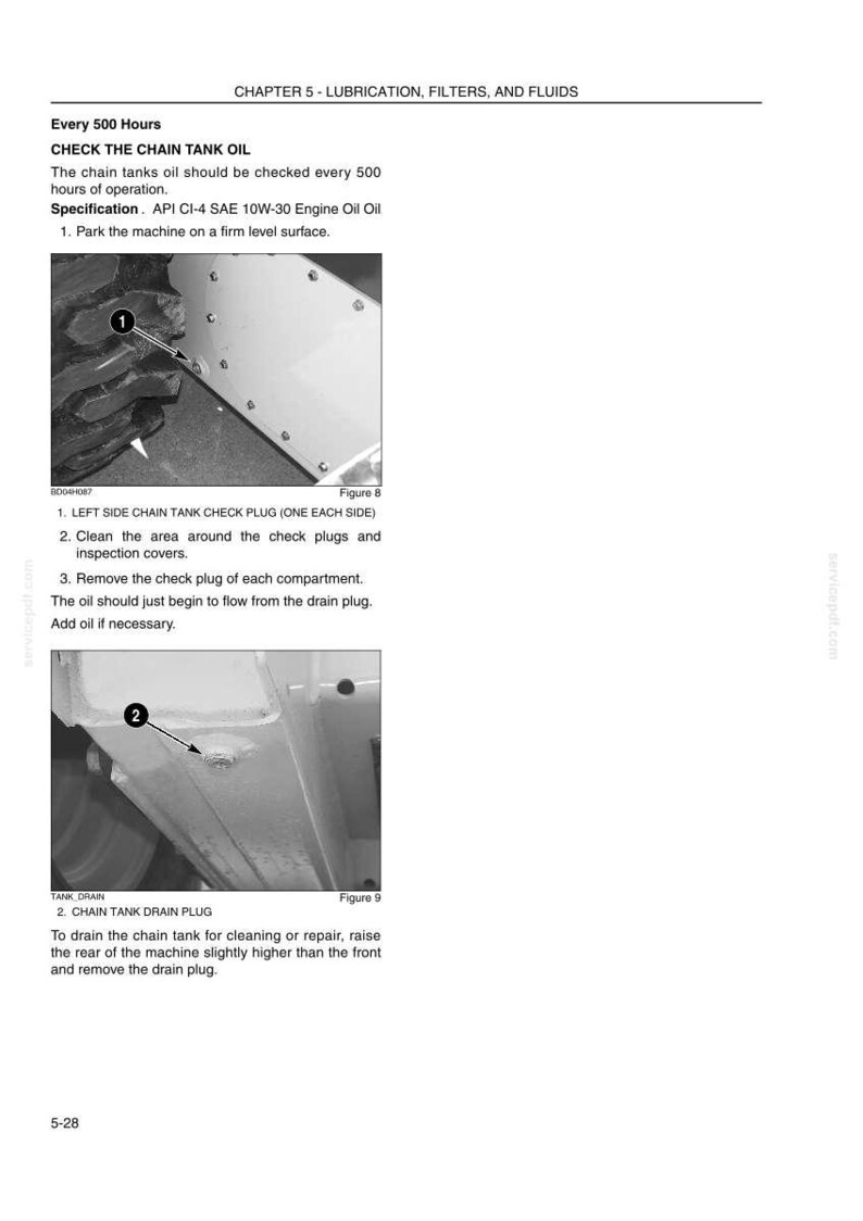 May include: A technical manual page titled Chapter 5 - Lubrication, Filters, and Fluids. It includes instructions for checking chain tank oil, featuring two black and white photographs labeled Figure 8 and Figure 9 showing check and drain plugs.