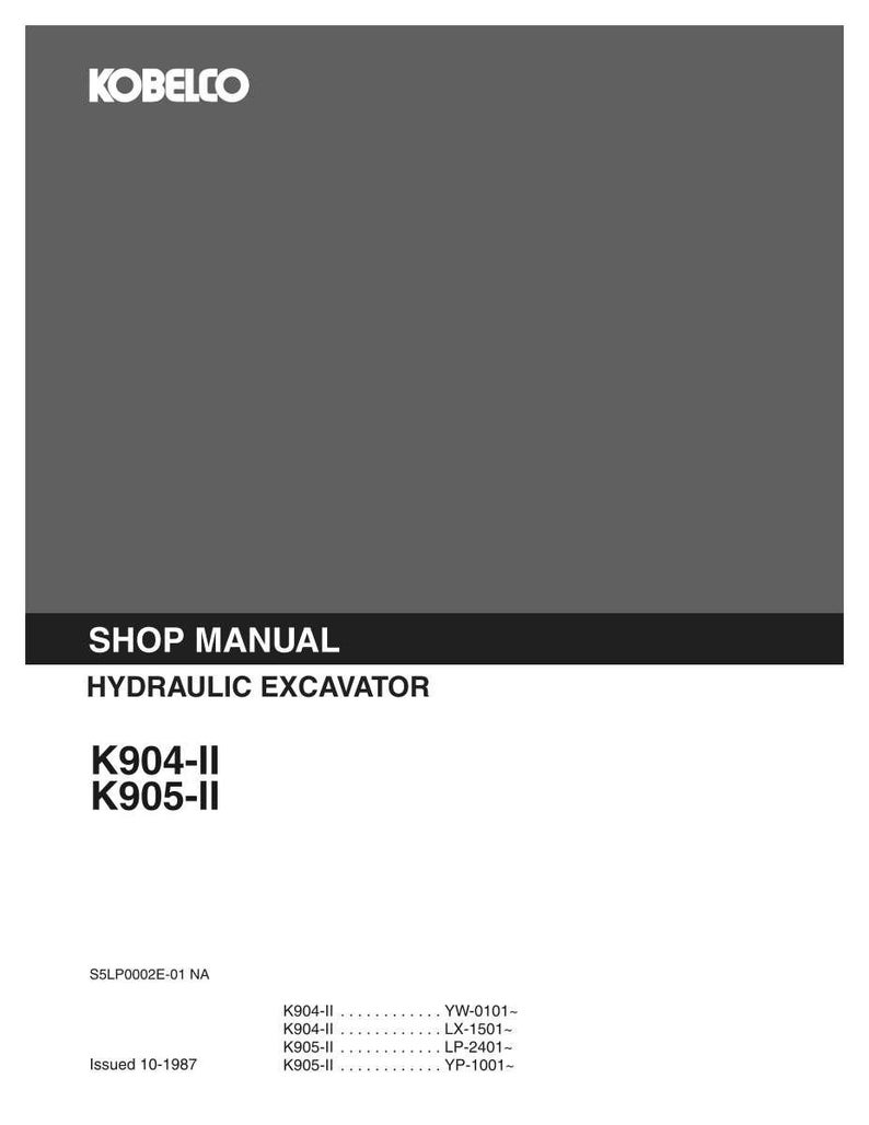 May include: A Kobelco shop manual for a hydraulic excavator, models K904-II and K905-II. The cover is dark gray with white text, featuring the Kobelco logo, the title SHOP MANUAL HYDRAULIC EXCAVATOR, the model numbers, and the issue date 10-1987.