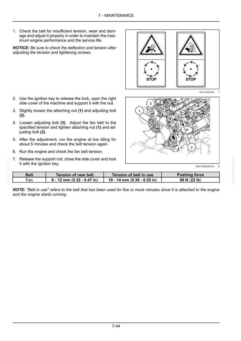 May include: A maintenance manual page with diagrams and instructions for checking and adjusting a machine's belt tension. Includes measurements in inches and pounds, along with safety warnings and diagrams of engine components.