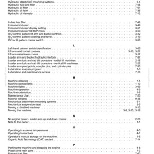 Puede incluir: Una p&aacute;gina de &iacute;ndice en blanco y negro de un manual t&eacute;cnico, que enumera temas alfab&eacute;ticamente de la H a la P. El texto incluye encabezados como Hand controls, Hydraulic oil, In-line fuel filter, Machine cleaning y Operating instructions con n&uacute;meros.