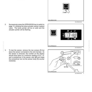 May include: Diagram from a manual showing steps to calibrate a sensing system. Includes illustrations of a digital display, a hand pressing a button, and a close-up of a sensor with a screwdriver.