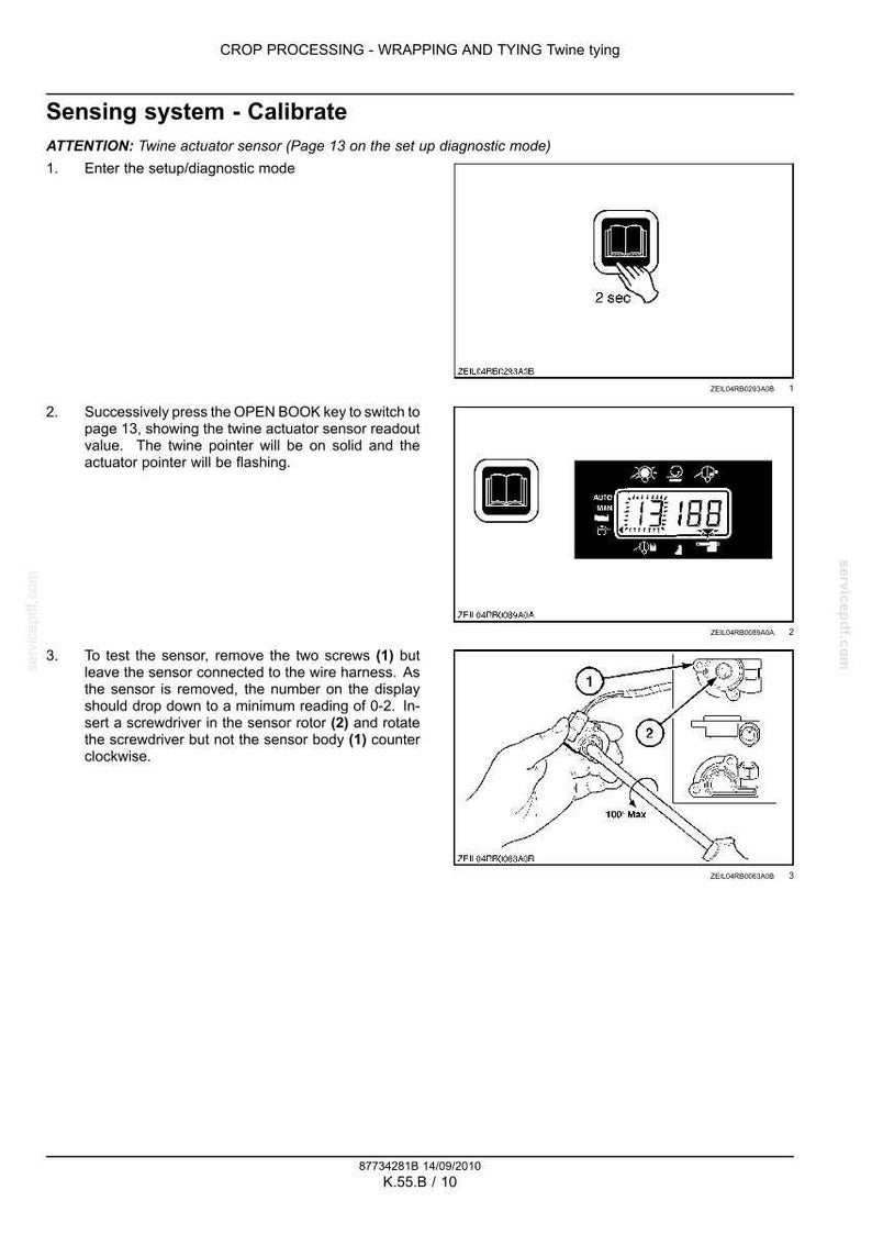 May include: Diagram from a manual showing steps to calibrate a sensing system. Includes illustrations of a digital display, a hand pressing a button, and a close-up of a sensor with a screwdriver.