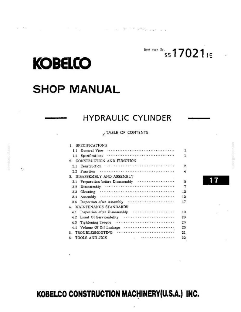 K&ouml;nnte beinhalten: Eine wei&szlig;e Seite aus einem Kobelco Werkstatthandbuch f&uuml;r einen Hydraulikzylinder mit schwarzem Text. Der Kopfbereich enth&auml;lt den Buchcode S5 17021 1E. Das Inhaltsverzeichnis listet Abschnitte zu Spezifikationen, Konstruktion und Wartung auf.