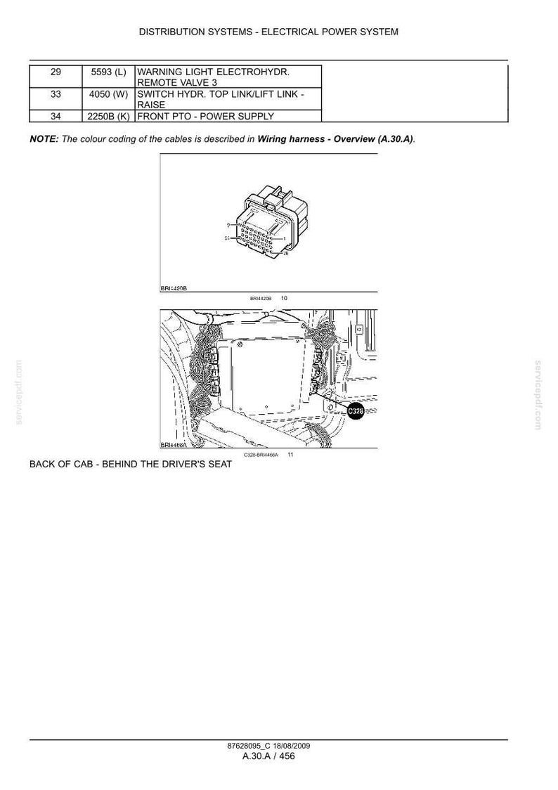 May include: Diagram of an electrical power system, including a wiring harness and various components. Text labels identify parts like the warning light, remote valve, and power supply. The diagram is labeled "Back of Cab - Behind the Driver's Seat."