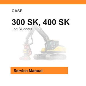 May include: Image of a CASE 300 SK, 400 SK Log Skidders service manual. The image shows a yellow and gray log skidder machine with a large arm and claw. The text "Service Manual" is in an orange box.