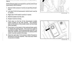 Może przedstawiać: Strona z instrukcji technicznej zatytułowana 3-CONTROLS AND INSTRUMENTS, szczeg&oacute;łowo opisująca działanie hydraulicznej skrzyni bieg&oacute;w prz&oacute;d-luz-tył FNR. Zawiera numerowane instrukcje oraz dwa techniczne rysunki liniowe.