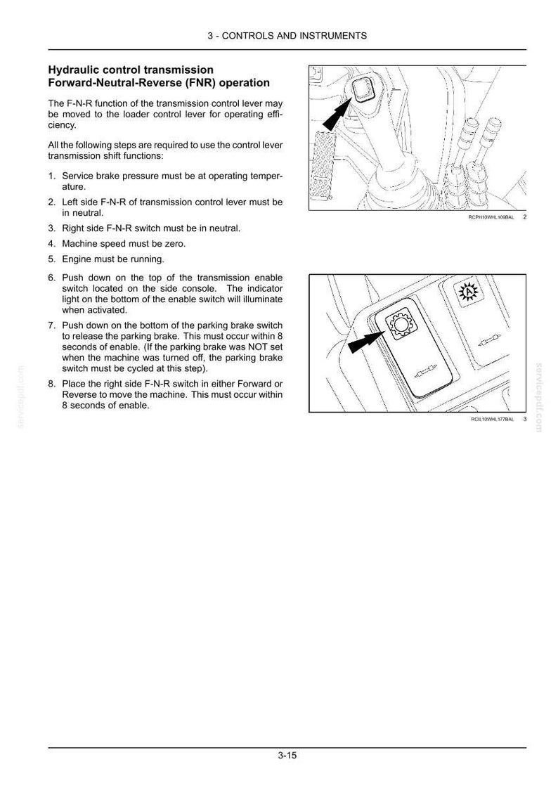 Może przedstawiać: Strona z instrukcji technicznej zatytułowana 3-CONTROLS AND INSTRUMENTS, szczeg&oacute;łowo opisująca działanie hydraulicznej skrzyni bieg&oacute;w prz&oacute;d-luz-tył FNR. Zawiera numerowane instrukcje oraz dwa techniczne rysunki liniowe.