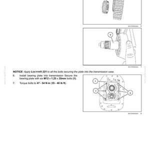 May include: Diagram of a power shuttle transmission with labeled components. Includes illustrations of gears, a shaft, and a bearing plate. Text provides instructions for installation and torque specifications.