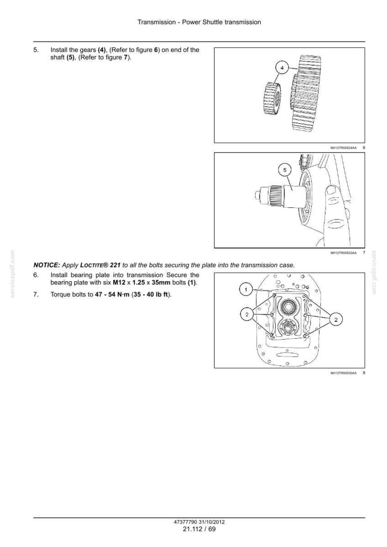 May include: Diagram of a power shuttle transmission with labeled components. Includes illustrations of gears, a shaft, and a bearing plate. Text provides instructions for installation and torque specifications.