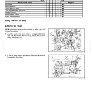 May include: A technical maintenance page for a tractor featuring a table of maintenance actions, page numbers, and instructions for checking engine oil level. Includes two black and white line drawings of an engine with numbered callouts.