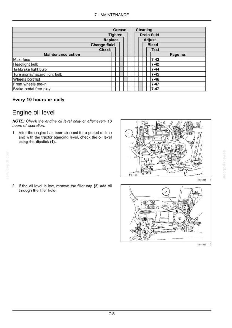 May include: A technical maintenance page for a tractor featuring a table of maintenance actions, page numbers, and instructions for checking engine oil level. Includes two black and white line drawings of an engine with numbered callouts.
