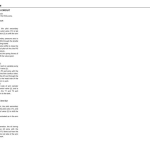 May include: A technical document page titled 22. HYDRAULIC SYSTEM, detailing the 22.3.7 ARM OPERATING CIRCUIT. The text explains pilot and main circuit functions, including oil flow, valve shifts, and cylinder operations for arm movement in machinery.