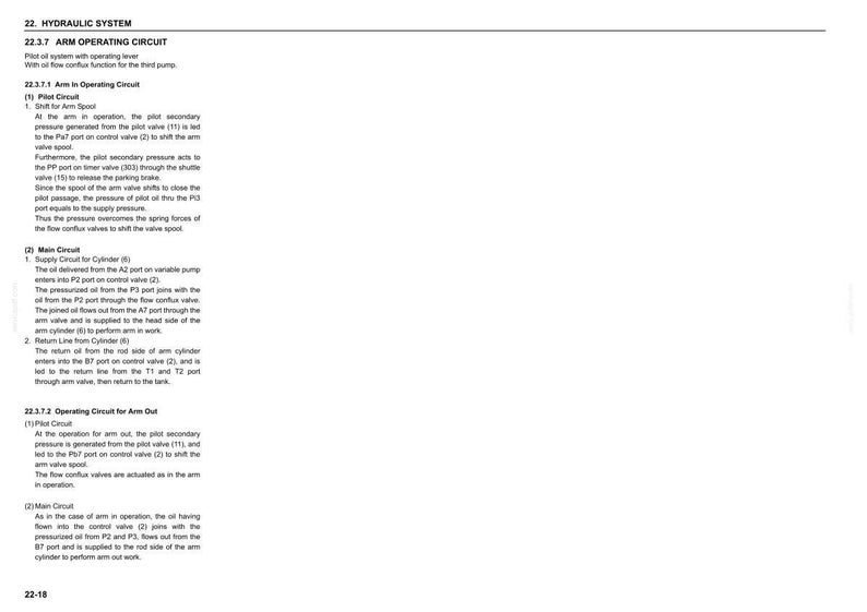 May include: A technical document page titled 22. HYDRAULIC SYSTEM, detailing the 22.3.7 ARM OPERATING CIRCUIT. The text explains pilot and main circuit functions, including oil flow, valve shifts, and cylinder operations for arm movement in machinery.