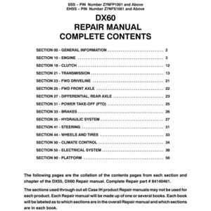 May include: A white page from a repair manual for DX55 and DX60 tractors. The title reads "REPAIR MANUAL COMPLETE CONTENTS." The page lists sections such as Engine, Clutch, Transmission, and Brakes. The repair manual part number is 84140461.