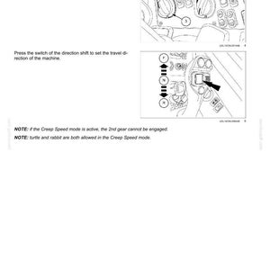 May include: Diagram showing vehicle control panel instructions. It details setting engine speed with a knob and changing travel direction with a switch. Includes notes on Creep Speed mode, with text and diagrams.