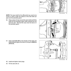 K&ouml;nnte beinhalten: Diagramm eines Vorderachssystems mit Endantriebsnabe, Lenkkn&ouml;cheln und Wellen. Anweisungen umfassen das Anbringen von Hebezeugen, das Wickeln eines Seils um die Achswelle und das Auftragen von LOCTITE&reg; 270 auf Schrauben, Anziehen auf 226 N-m.