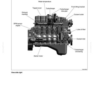 May include: Detailed diagram of an engine, labeled with various components such as the turbocharger, coolant inlet, and oil filter. The image includes text labels and is a technical illustration.