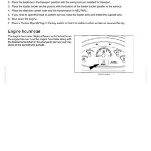 May include: A page from a maintenance manual with safety instructions and an engine hourmeter diagram. The diagram shows gauges and a digital display with the text "CASE".