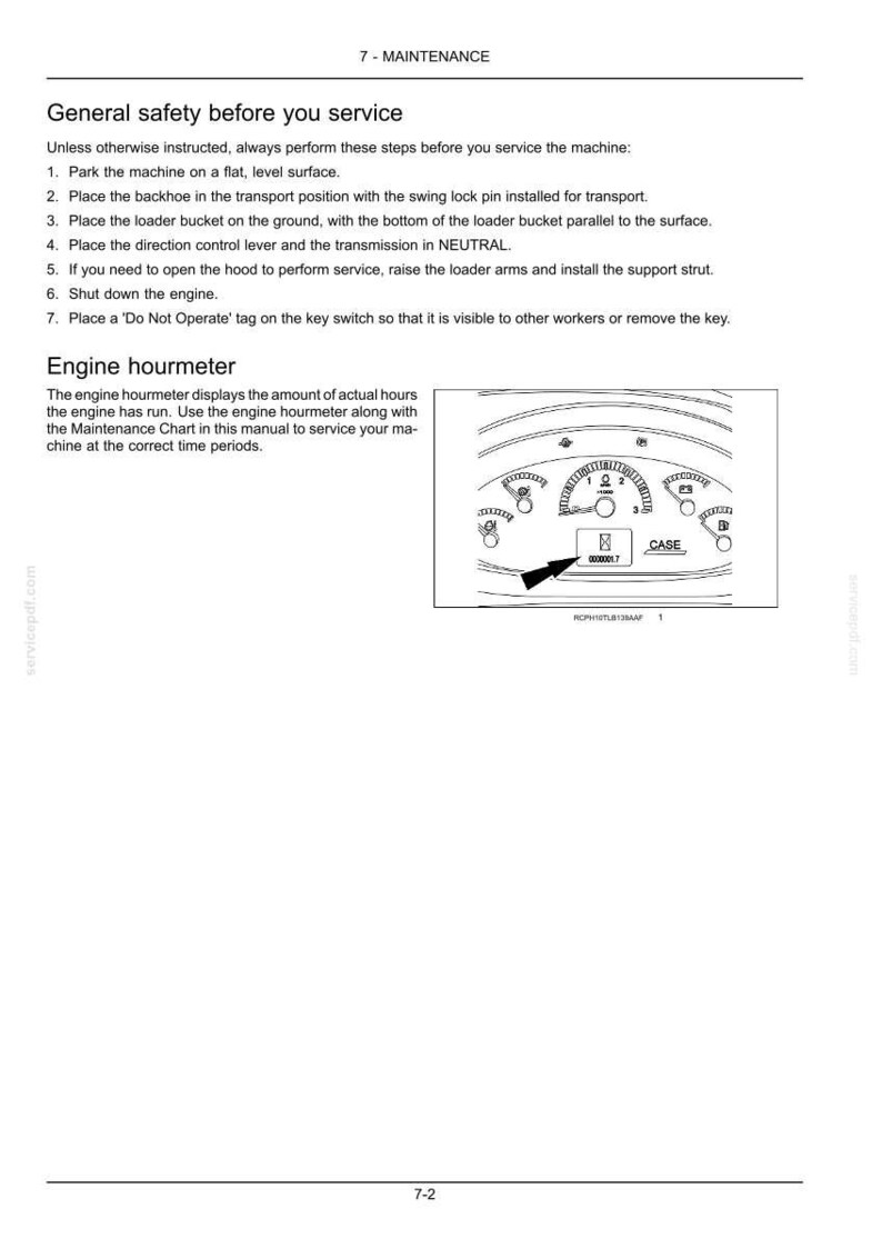 May include: A page from a maintenance manual with safety instructions and an engine hourmeter diagram. The diagram shows gauges and a digital display with the text "CASE".
