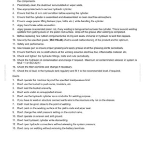 May include: A document titled "Hydraulic systems - Static description - Cylinders" with a list of instructions and safety guidelines. The document includes "Do's" and "Don'ts" for maintaining hydraulic systems, with text in black font.