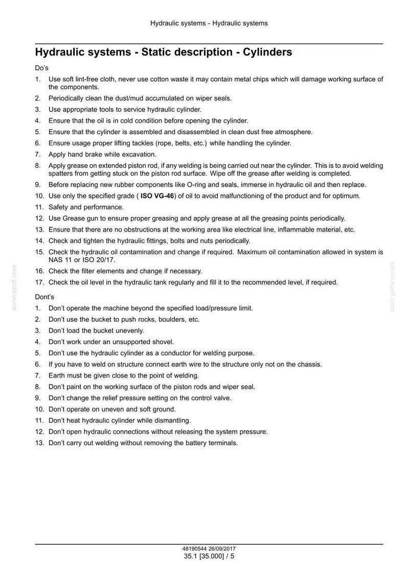 May include: A document titled "Hydraulic systems - Static description - Cylinders" with a list of instructions and safety guidelines. The document includes "Do's" and "Don'ts" for maintaining hydraulic systems, with text in black font.
