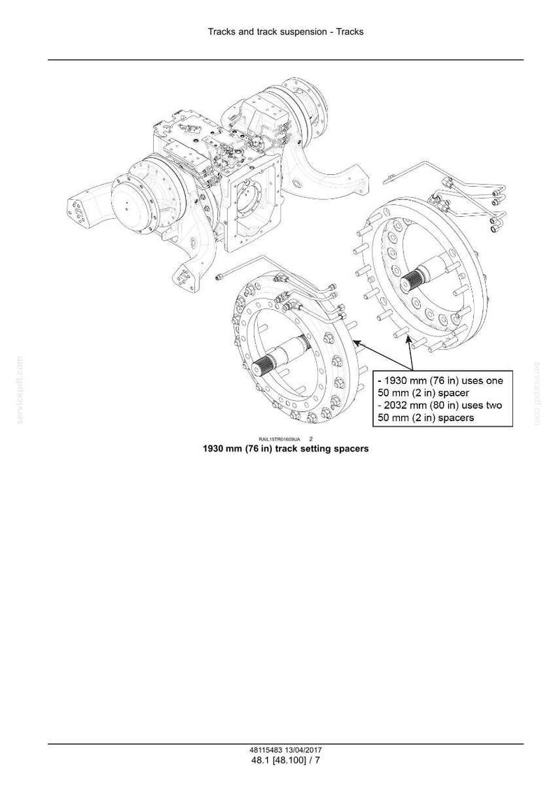 May include: Technical diagram of track suspension components, including a detailed view of track setting spacers. The diagram specifies that a 1930 mm (76 in) track uses one 50 mm (2 in) spacer, and a 2032 mm (80 in) track uses two 50 mm (2 in) spacers.