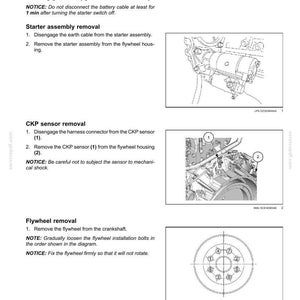May include: Diagram of engine components, including a flywheel, crankshaft, and sensor, with numbered labels. Text instructions detail removal steps for the flywheel and related parts. The image is from a service manual.