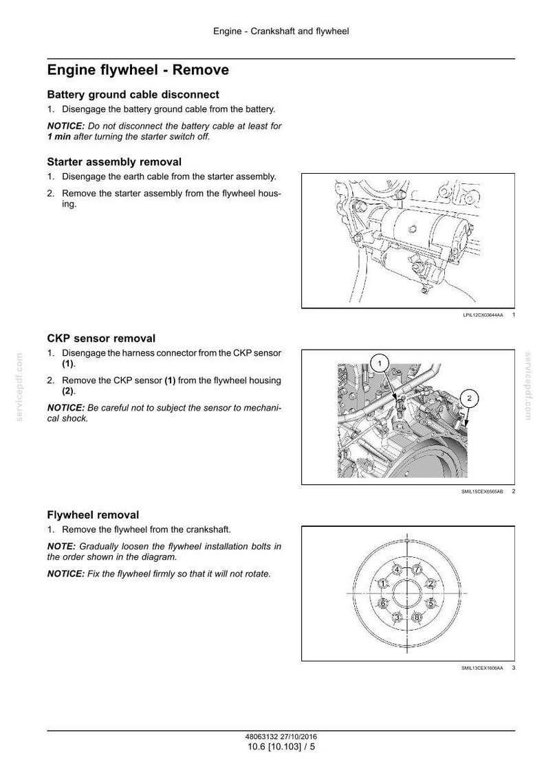May include: Diagram of engine components, including a flywheel, crankshaft, and sensor, with numbered labels. Text instructions detail removal steps for the flywheel and related parts. The image is from a service manual.