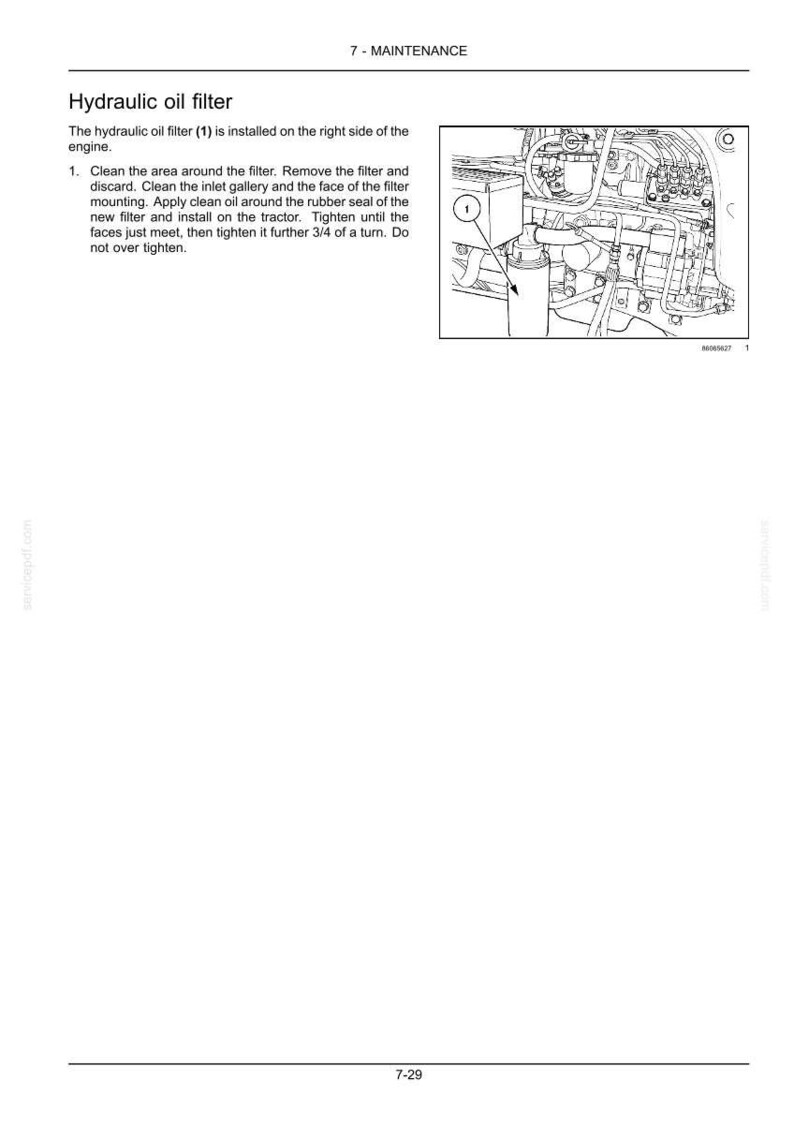 Pu&ograve; includere: Una pagina di manuale tecnico intitolata 7 - MAINTENANCE Hydraulic oil filter. Presenta un disegno al tratto in bianco e nero di un componente del motore di un trattore etichettato con 1, con istruzioni per rimuovere e installare il filtro dell'olio.