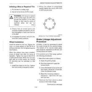 Op de afbeelding: Een pagina uit een handleiding met instructies voor het oppompen van een band, wielmontage en afstelling van de remstang. Bevat diagrammen en instructies voor auto onderhoud, met metingen in cm en Newton meters.