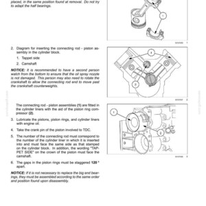 May include: Diagram of engine components, including connecting rods, pistons, and cylinder block. Instructions detail assembly steps, including fitting bearings, inserting rods, and lubricating parts. Text includes "Connecting rod and piston - Install".
