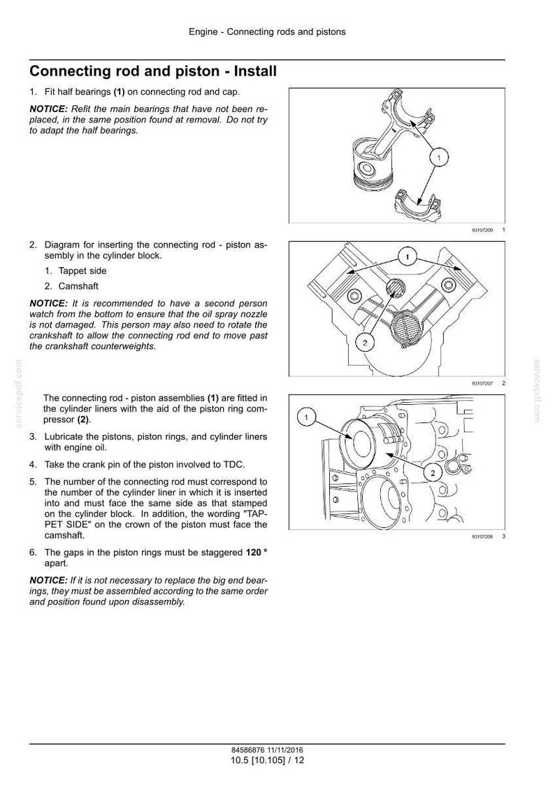 May include: Diagram of engine components, including connecting rods, pistons, and cylinder block. Instructions detail assembly steps, including fitting bearings, inserting rods, and lubricating parts. Text includes "Connecting rod and piston - Install".