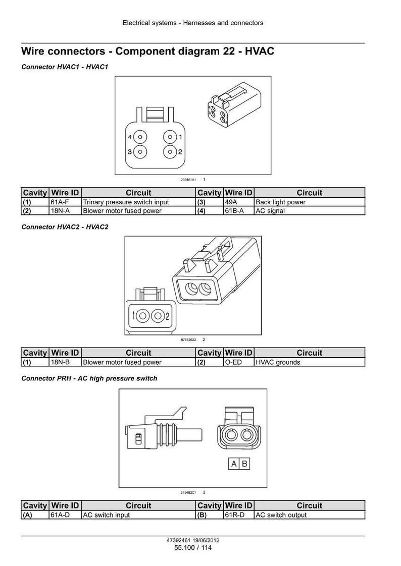 Op de afbeelding: Diagram van draadconnectoren voor HVAC-systemen, inclusief componentdiagrammen voor HVAC1-, HVAC2- en PRH-connectoren. De diagrammen tonen draad-ID's, circuits en connectorlayouts.