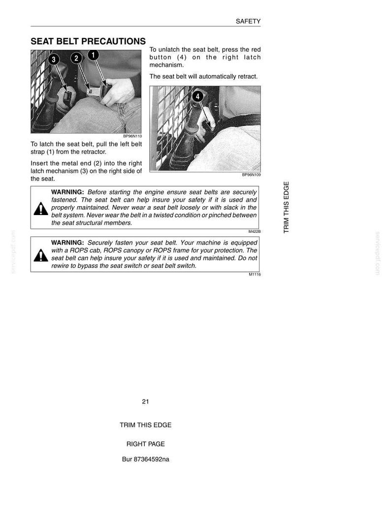 May include: A safety manual page with instructions on seat belt precautions. The page includes diagrams illustrating how to latch and unlatch a seat belt, along with safety warnings about proper seat belt use. The text includes the words "SAFETY" and "SEAT BELT PRECAUTIONS".