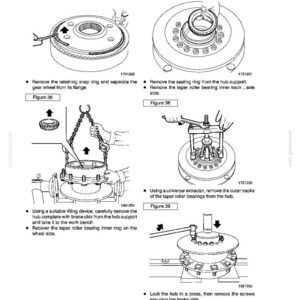 May include: Diagrams from a manual detailing rear axle repair procedures. The illustrations show various steps, including removing snap rings, sealing rings, and bearings. Text provides instructions for each step, focusing on mechanical components.