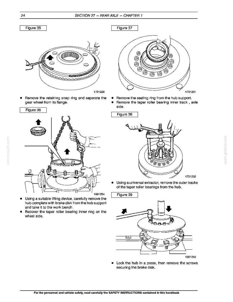 May include: Diagrams from a manual detailing rear axle repair procedures. The illustrations show various steps, including removing snap rings, sealing rings, and bearings. Text provides instructions for each step, focusing on mechanical components.