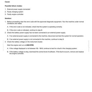 May include: A document detailing "Electrical systems - FAULT CODES" and troubleshooting for fault code 3051, "Battery Voltage To Engine Controller - Voltage Too High." Includes causes and solutions.