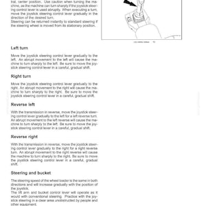 May include: Diagram of a joystick control system with text explaining steering operations. Includes instructions for left and right turns, reverse left and right, and steering with a bucket. The image is from a manual.
