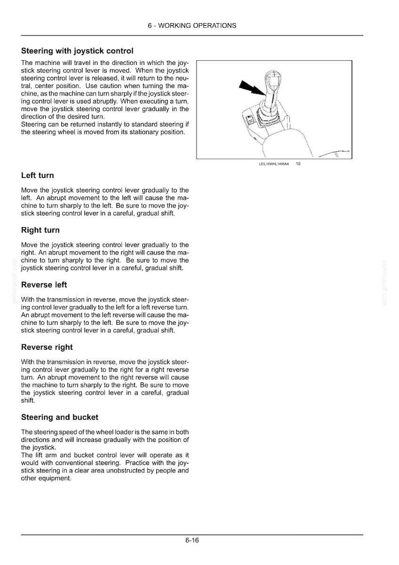 May include: Diagram of a joystick control system with text explaining steering operations. Includes instructions for left and right turns, reverse left and right, and steering with a bucket. The image is from a manual.