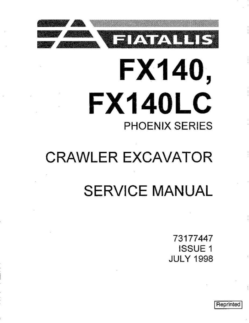 May include: A service manual for a Fiatallis FX140 and FX140LC crawler excavator. The cover features the Fiatallis logo, model numbers, and the text "PHOENIX SERIES." Additional text includes "CRAWLER EXCAVATOR SERVICE MANUAL" and publication details.