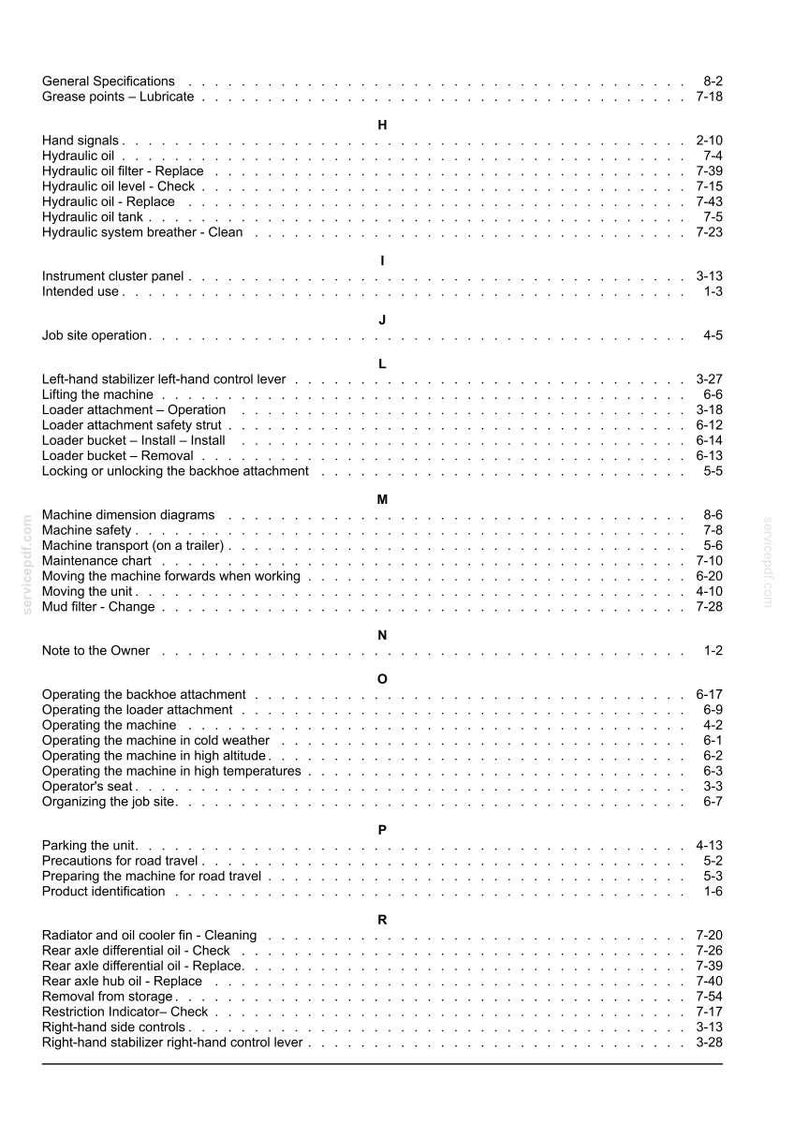 May include: A detailed page from a manual, featuring a table of contents with various operational and maintenance topics. The text is black on a white background, with headings and page numbers.