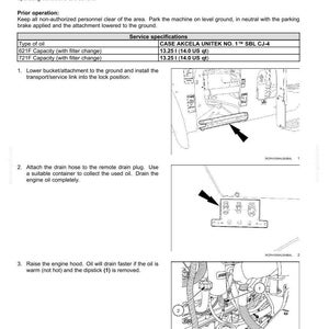 May include: A maintenance manual page showing instructions for changing engine oil and filter. The text details the procedure, including diagrams and specifications for oil type and capacity, measured in litres.