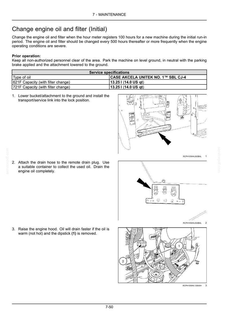 May include: A maintenance manual page showing instructions for changing engine oil and filter. The text details the procedure, including diagrams and specifications for oil type and capacity, measured in litres.