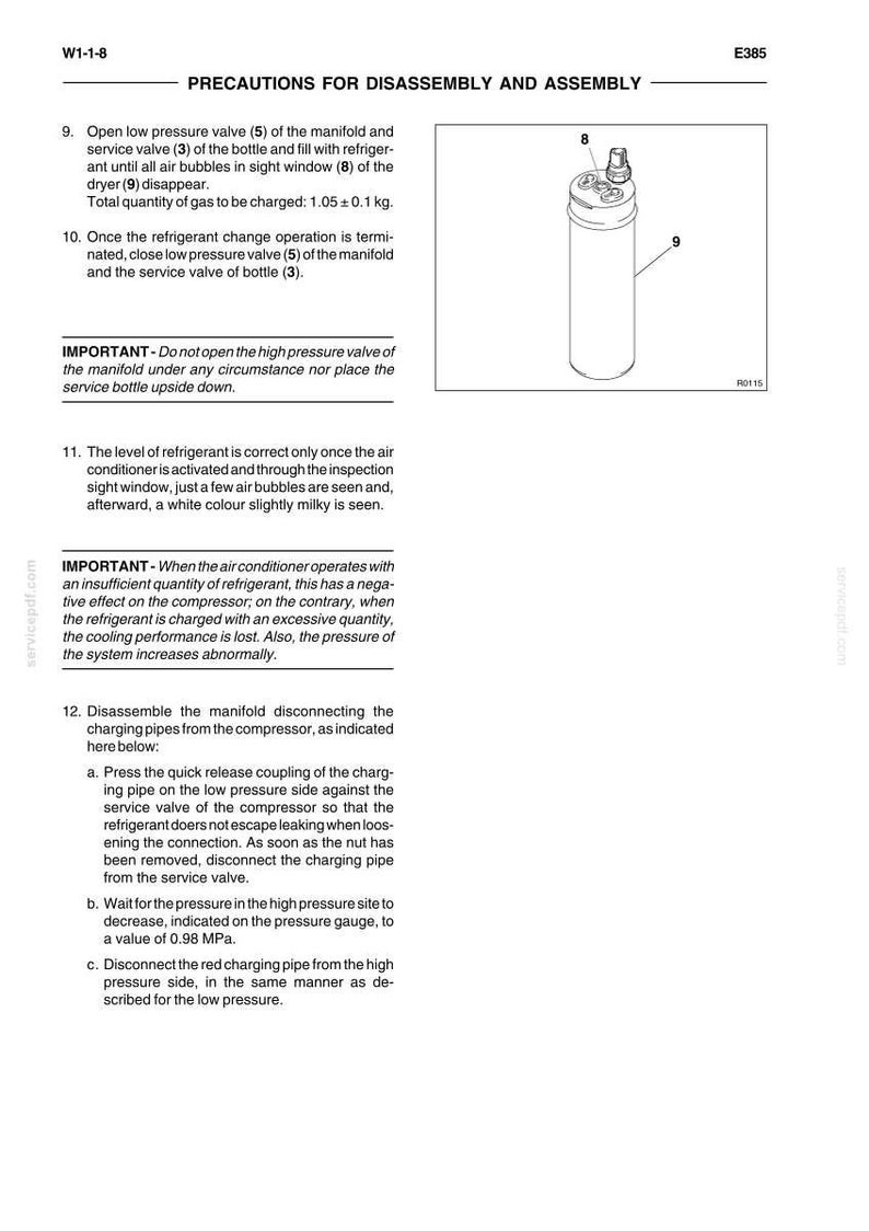 May include: Diagram of an automotive air conditioning system component. The image includes a cylindrical part with multiple ports, labeled with numbers and accompanied by text detailing disassembly and assembly precautions.