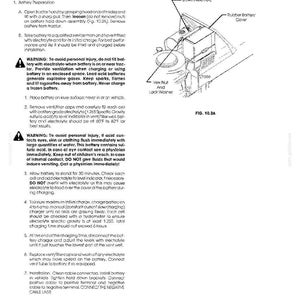 May include: A technical document page titled Battery, featuring a line drawing labeled Fig. 10.2A showing a battery hold down assembly, rubber battery cover, and hex nut with lock washer, alongside detailed text instructions for battery preparation.
