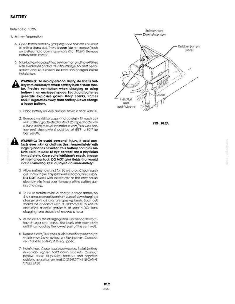 May include: A technical document page titled Battery, featuring a line drawing labeled Fig. 10.2A showing a battery hold down assembly, rubber battery cover, and hex nut with lock washer, alongside detailed text instructions for battery preparation.